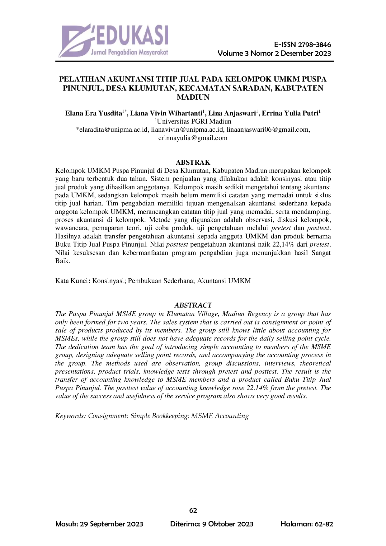 JURIS Pelatihan Akuntansi Titip Jual Pada Kelompok Umkm Puspa Pinunjul Desa Klumutan Kecamatan Saradan Kabupaten Madiun