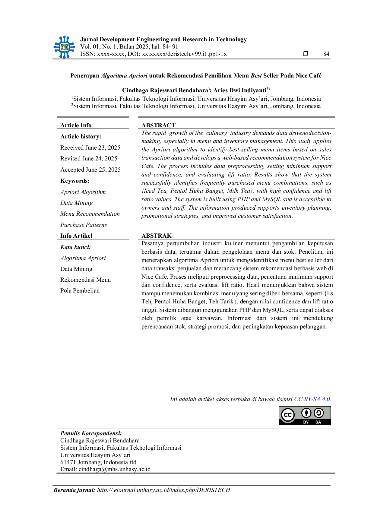 JURIS Implementation of Apriori Algorithm for Best Seller Menu Selection Recommendation at Nice Caf