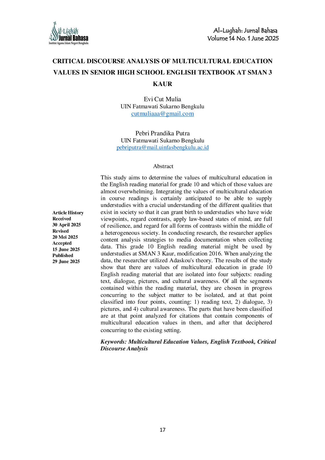 JURIS Critical Discourse Analysis of Multicultural Education Values in Senior High School English Textbook at SMAN 3 Kaur