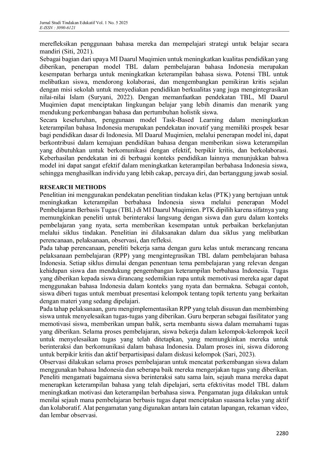 JURIS Enhancing Indonesian Language Skills through Task Based Learning Model at MI Daarul Muqimien A Practical Action Research