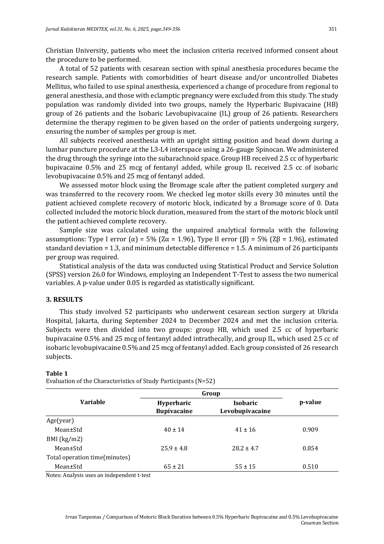 JURIS Comparison of Motoric Block Duration between 0 5 Hyperbaric Bupivacaine and 0 5 Levobupivacaine Cesarean Section