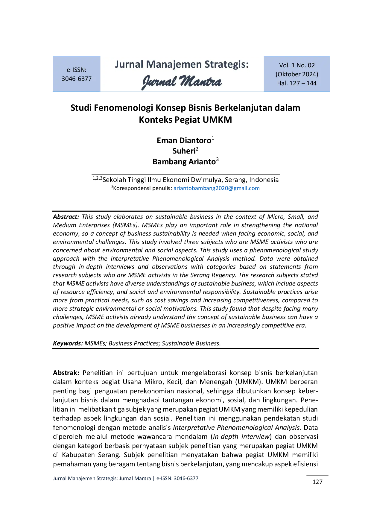 JURIS Studi Fenomenologi Konsep Bisnis Berkelanjutan dalam Konteks Pegiat UMKM