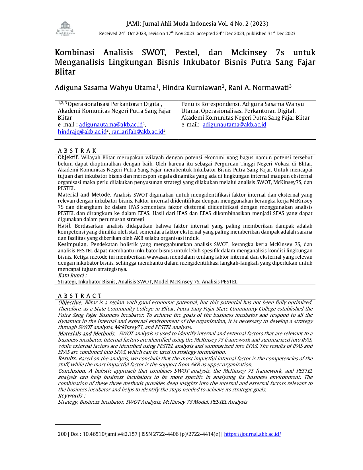 juris Kombinasi Analisis Swot Pestel Dan Mckinsey 7S Untuk Menganalisis Lingkungan Bisnis Inkubator Bisnis Putra Sang Fajar Blitar