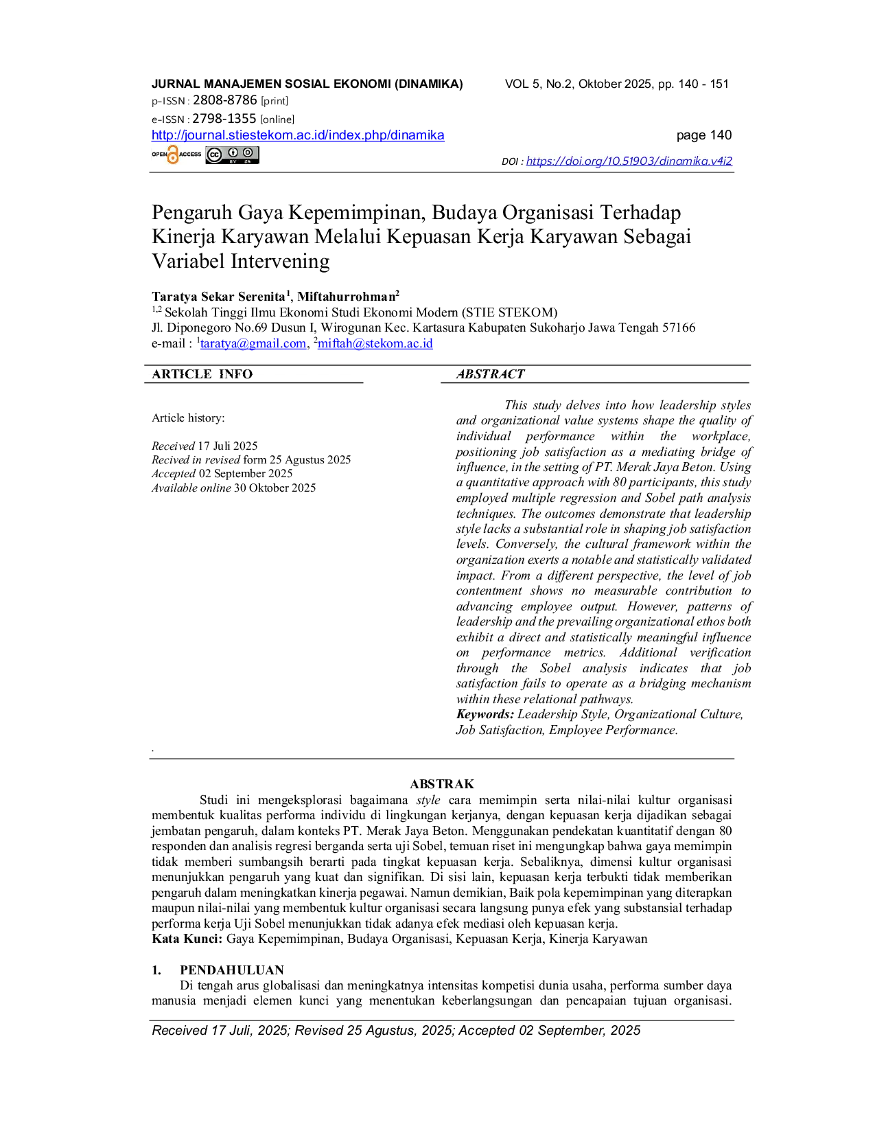 JURIS Pengaruh Gaya Kepemimpinan Budaya Organisasi Terhadap Kinerja Karyawan Melalui Kepuasan Kerja Karyawan Sebagai Variabel Intervening