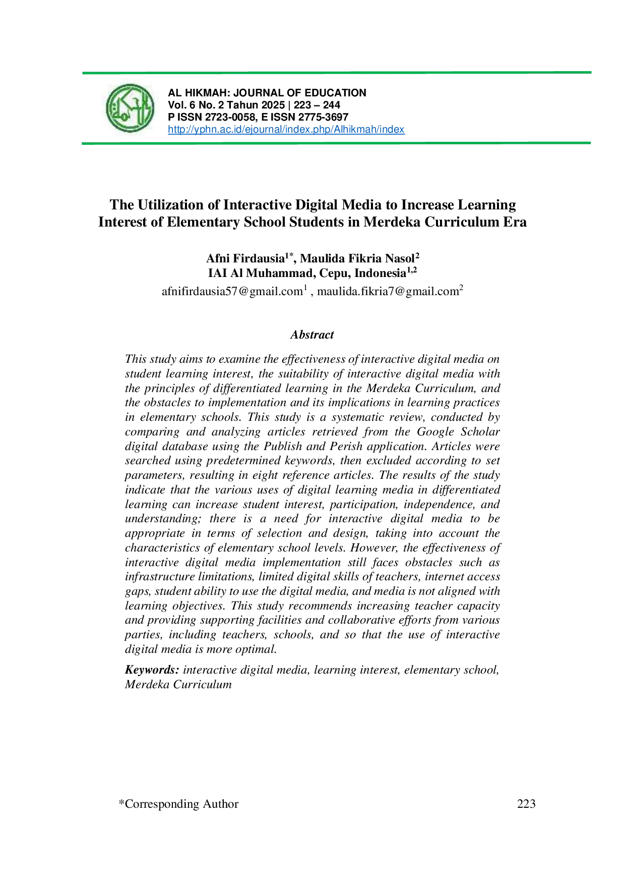JURIS The Utilization of Interactive Digital Media to Increase Learning Interest of Elementary School Students in Merdeka Curriculum Era