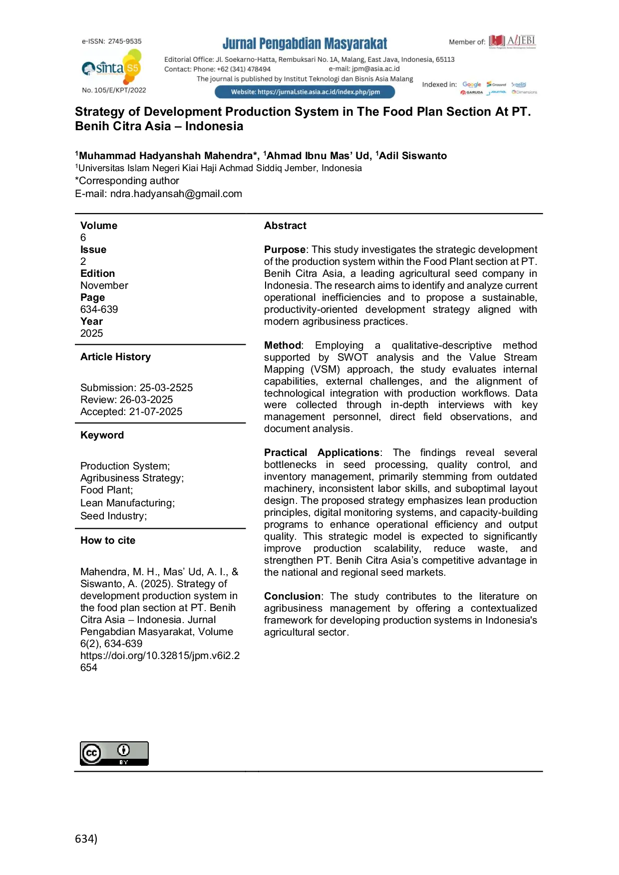 JURIS Strategy of Development Production System in The Food Plan Section At PT Benih Citra Asia Indonesia