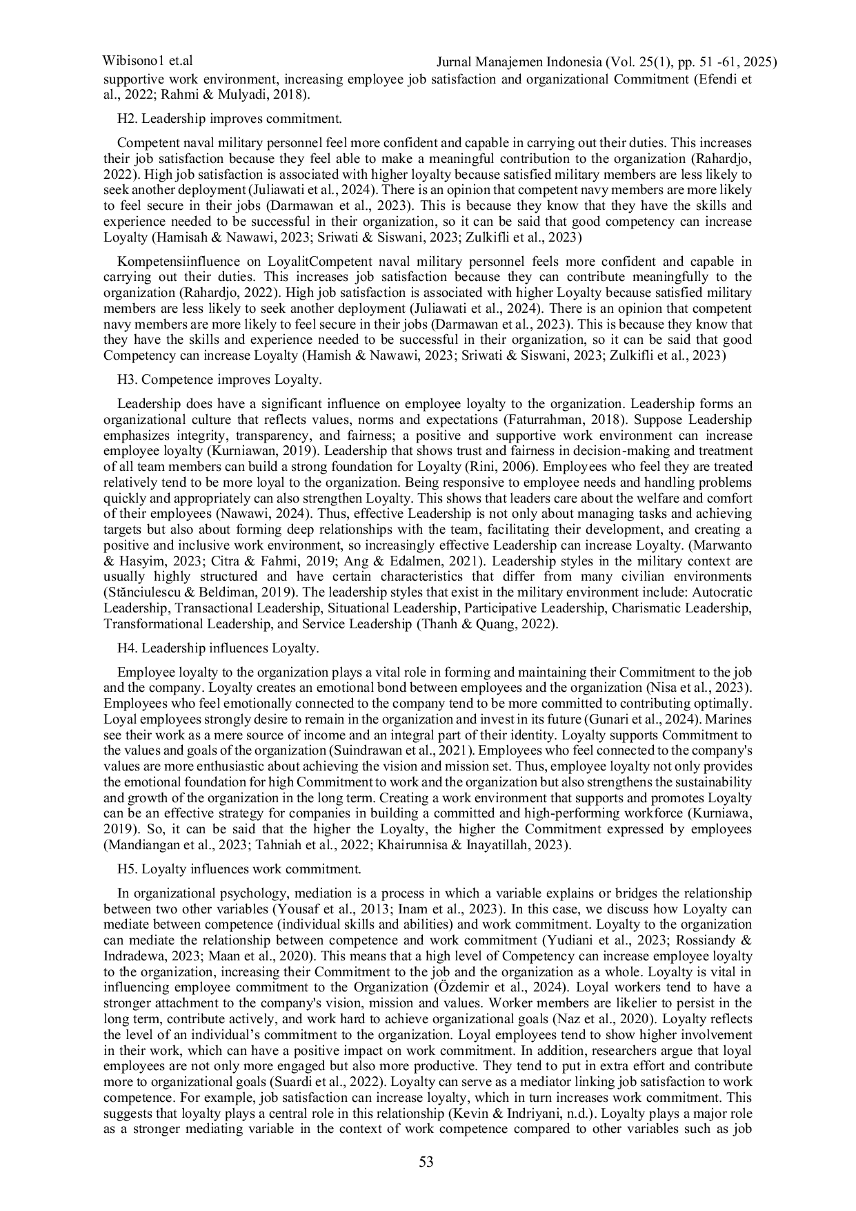 JURIS Competency and Leadership Towards Work Commitment Through Loyalty in the Detachment of Indonesian Navy Force Headquarters