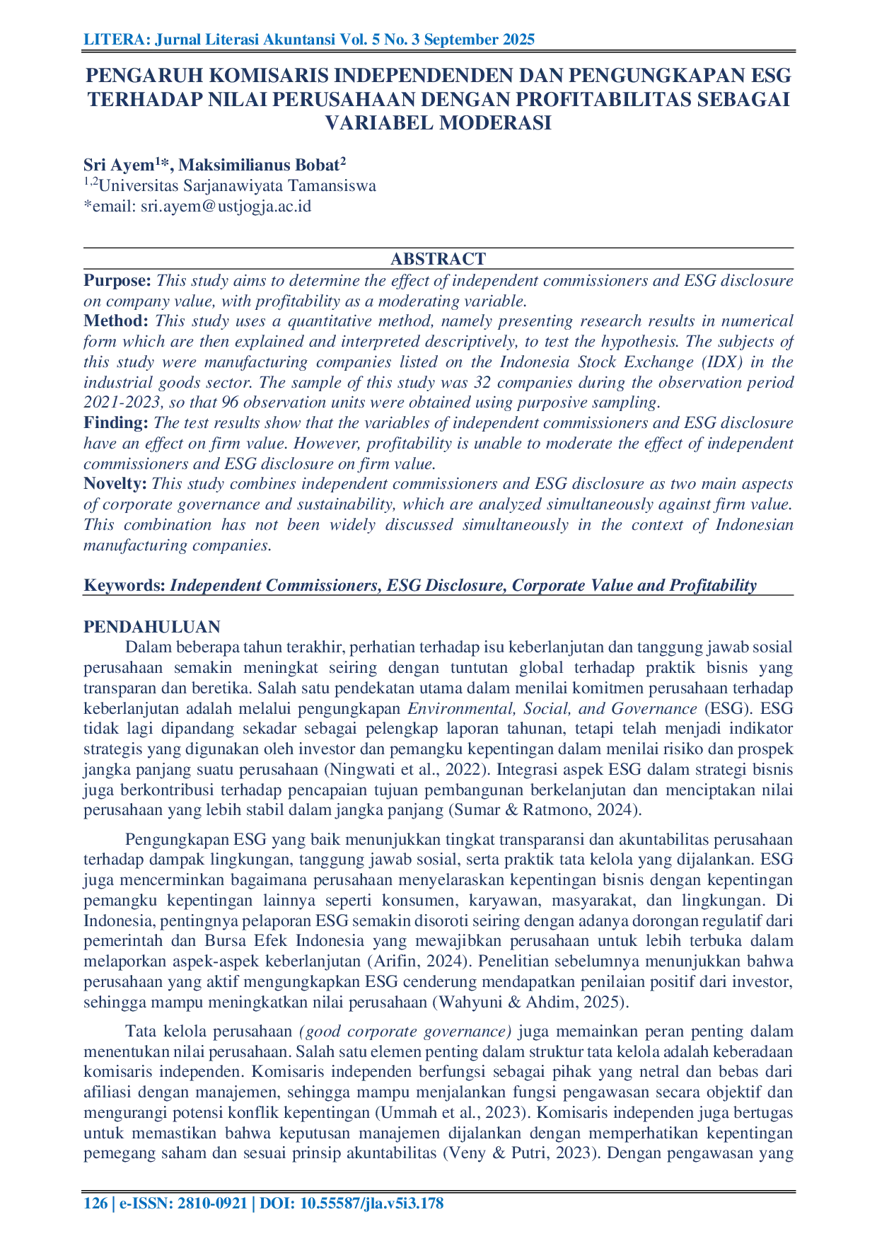 JURIS The Influence of Independent Commissioners and ESG Disclosure on Company Value with Profitability as a Moderating Variable