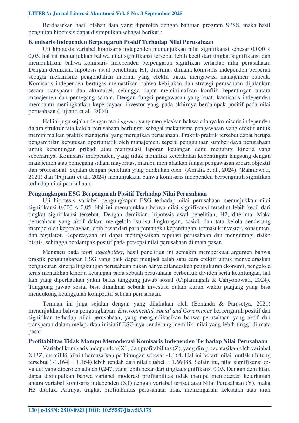 JURIS The Influence of Independent Commissioners and ESG Disclosure on Company Value with Profitability as a Moderating Variable