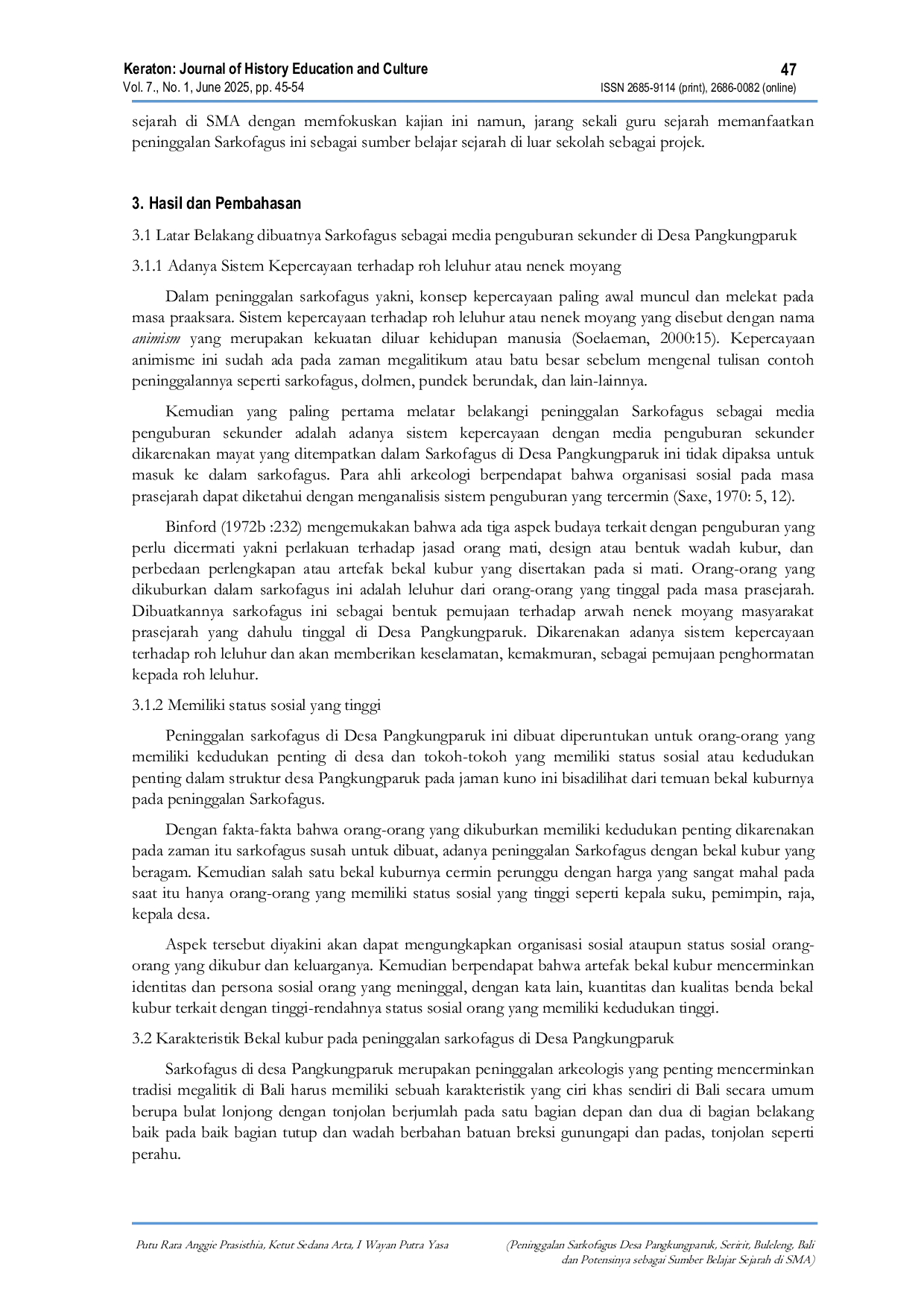 JURIS Peninggalan Sarkofagus Desa Pangkungparuk Seririt Buleleng Bali dan Potensinya sebagai Sumber Belajar Sejarah di SMA