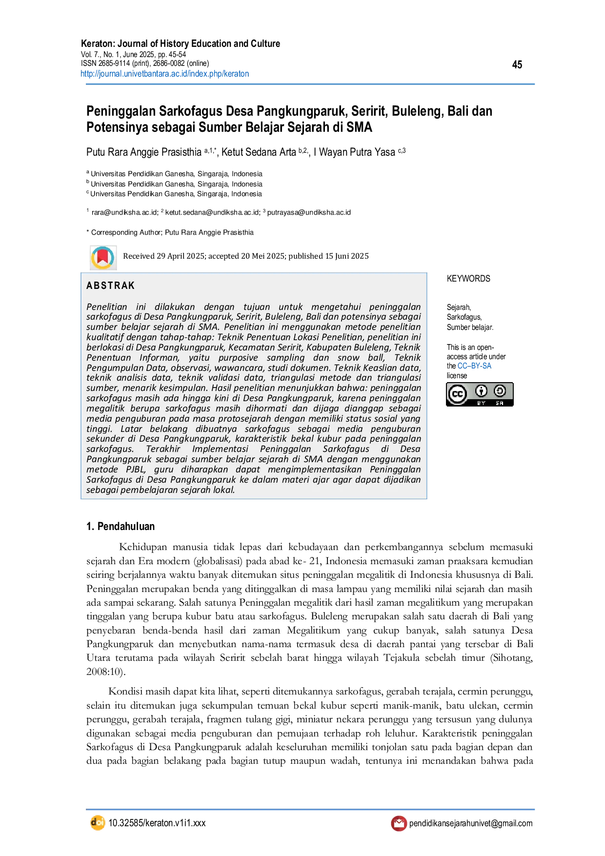 JURIS Peninggalan Sarkofagus Desa Pangkungparuk Seririt Buleleng Bali dan Potensinya sebagai Sumber Belajar Sejarah di SMA