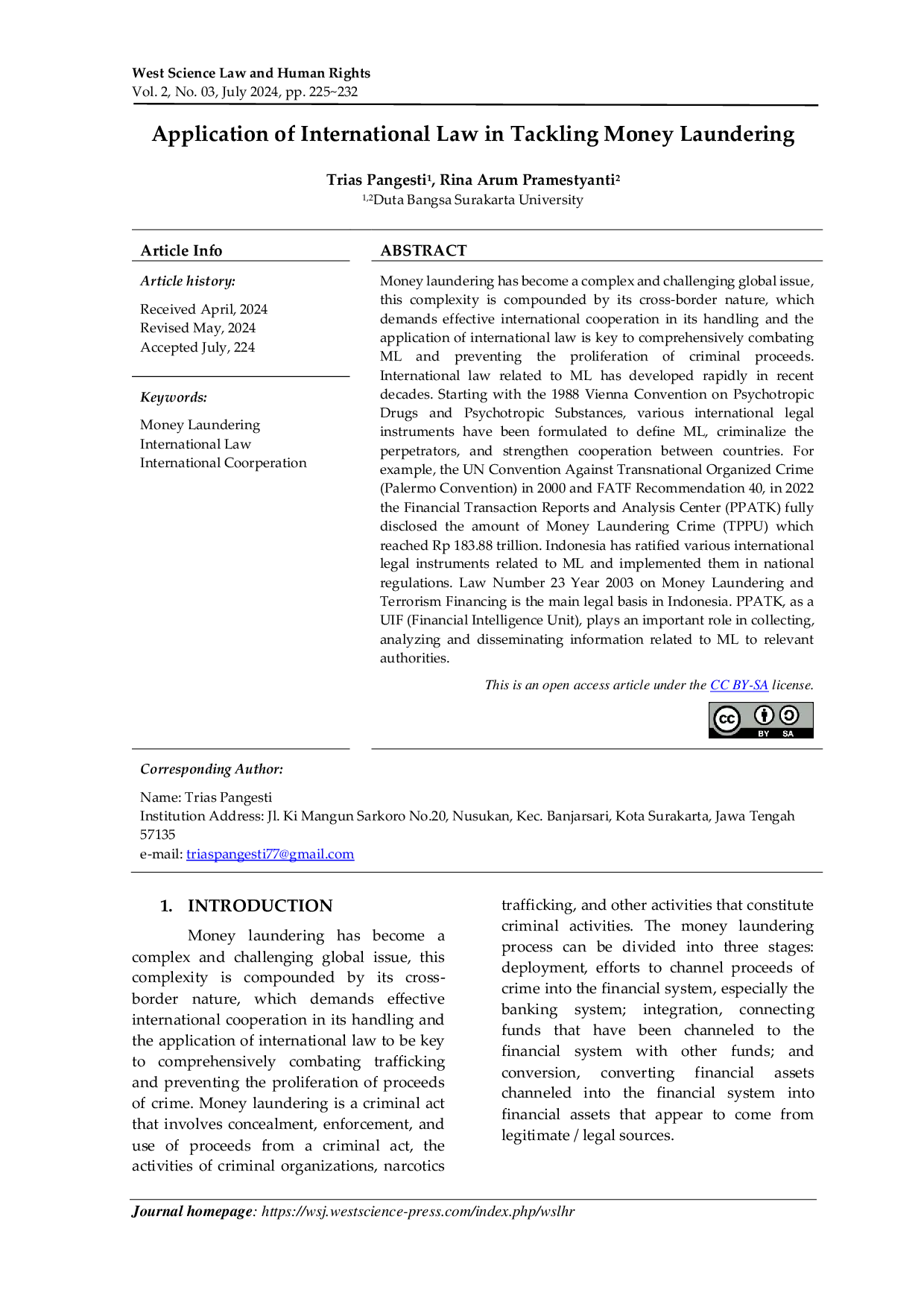 JURIS Application of International Law in Tackling Money Laundering