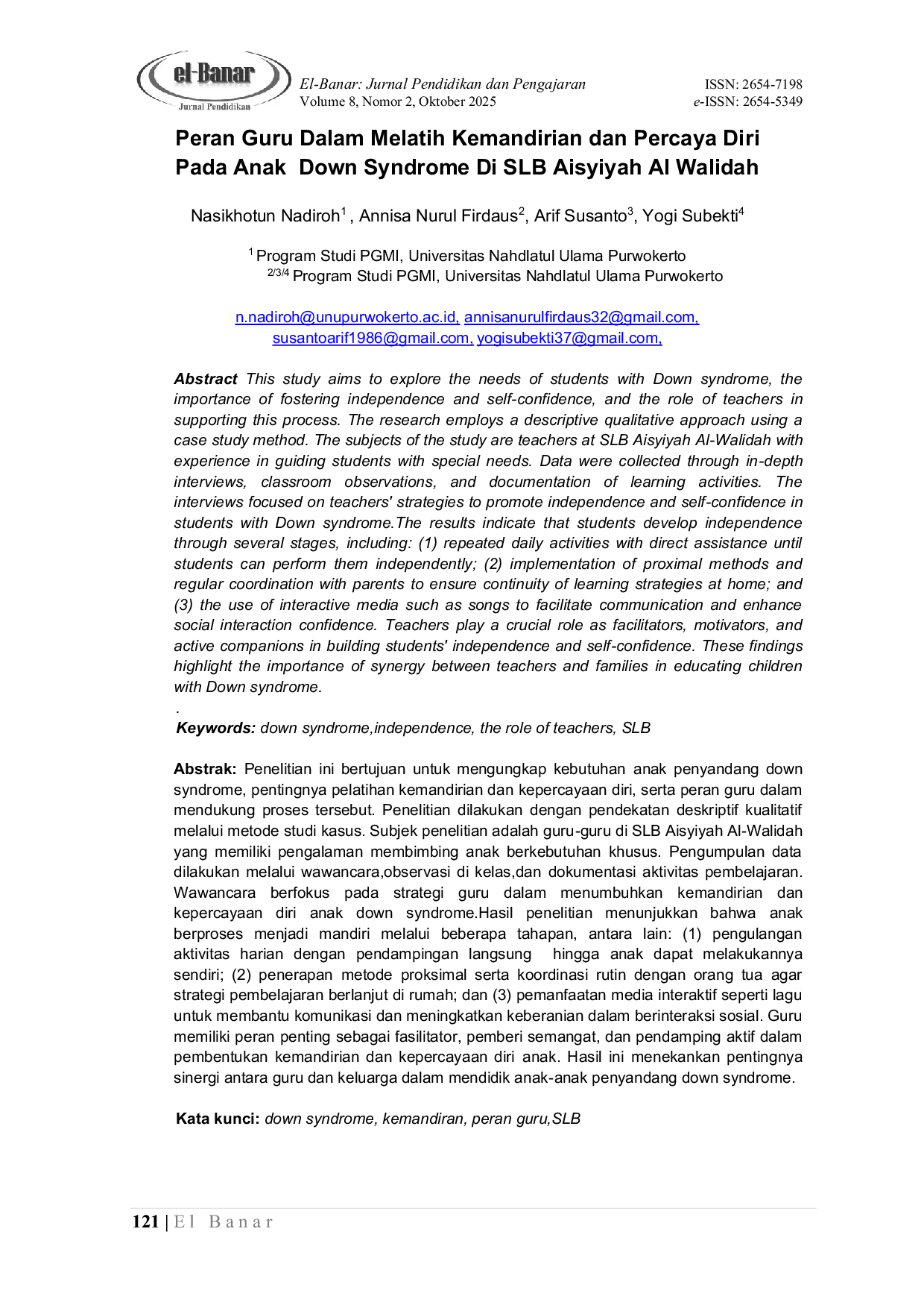 JURIS Peran Guru Dalam Melatih Kemandirian dan Percaya Diri Pada Anak Down Syndrome Di SLB Aisyiyah Al Walidah