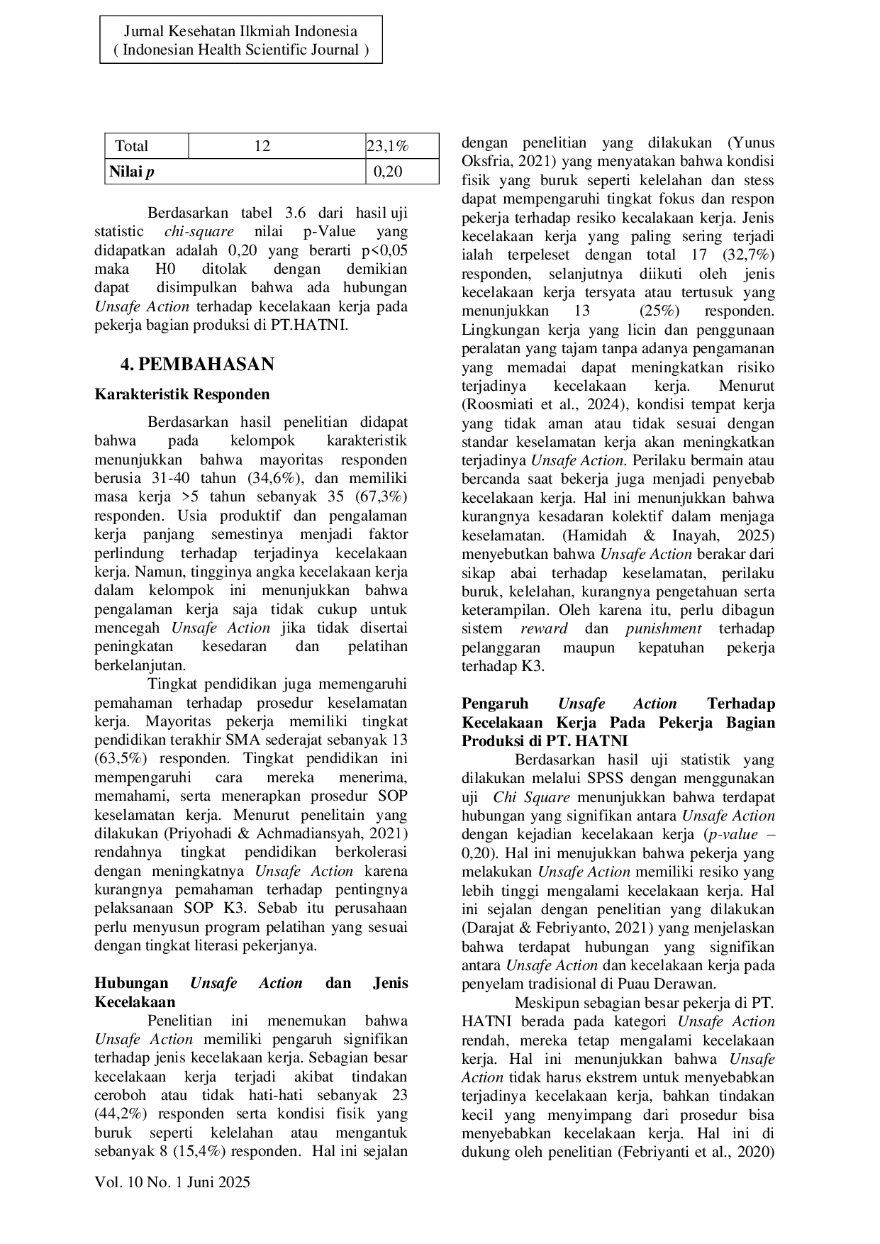 JURIS Pengaruh Unsafe Action Terhadap Kecelakaan Kerja Pada Pekerja Bagian Produksi Di PT Hatni