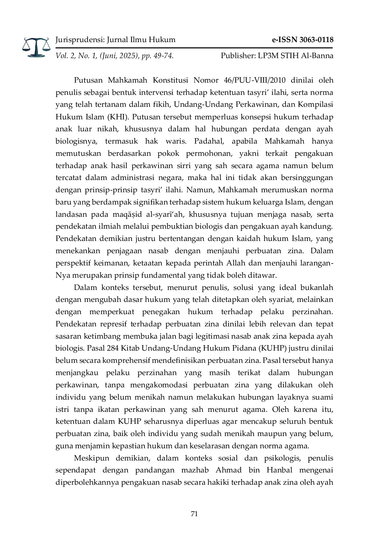 JURIS Kritik Hukum Islam Terhadap Warisan Anak Zina Analisis Putusan MK Nomor 46 PUU VIII 2010