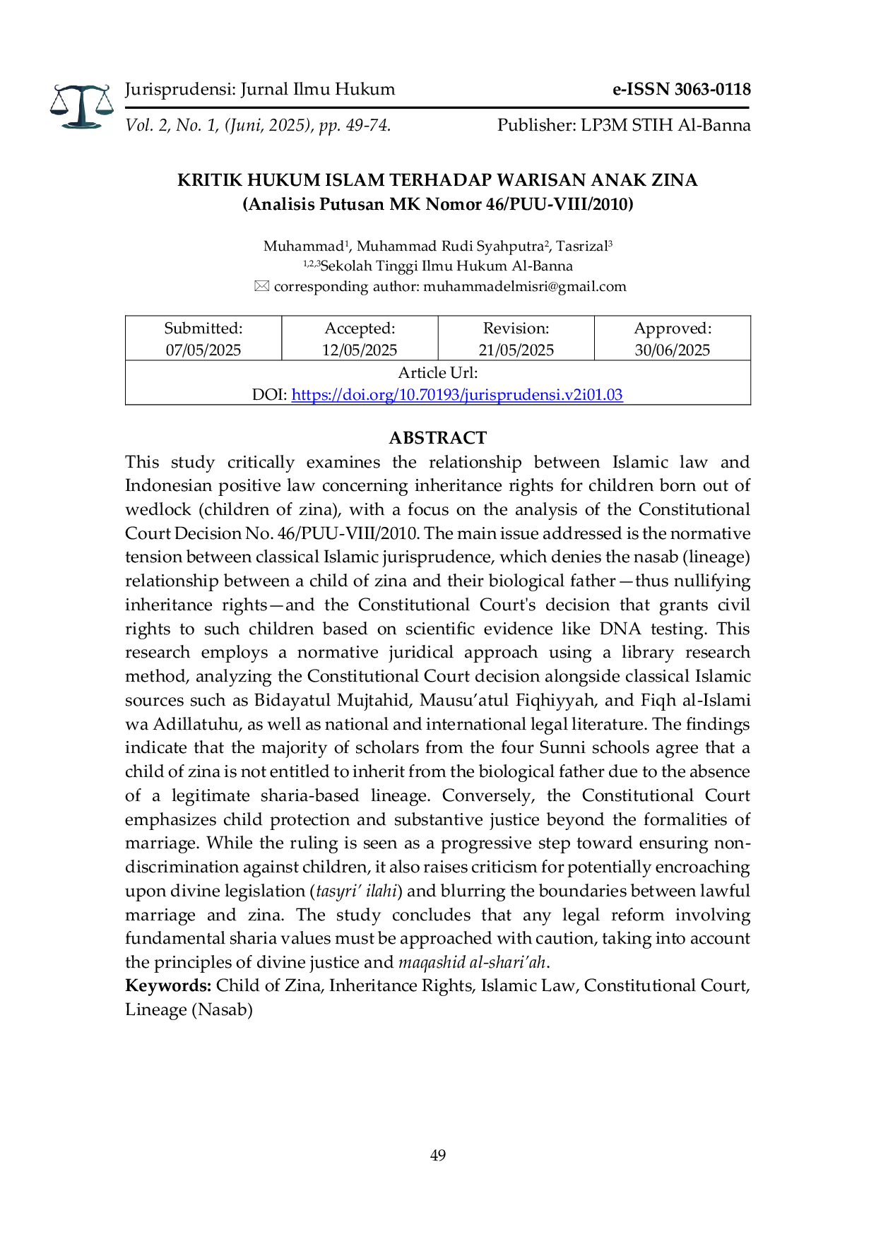 JURIS Kritik Hukum Islam Terhadap Warisan Anak Zina Analisis Putusan MK Nomor 46 PUU VIII 2010