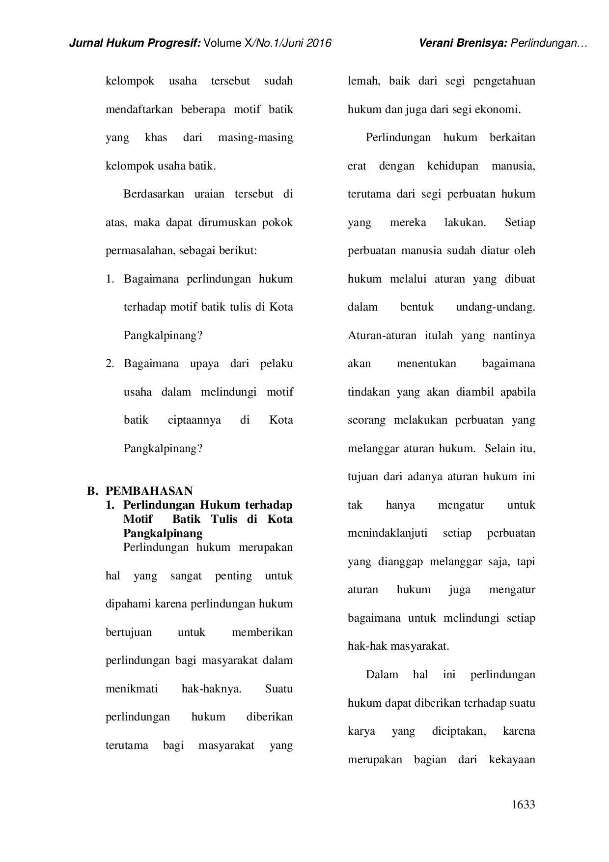 JURIS Perlindungan Hukum Terhadap Motif Batik Tulis Di Kota Pangkalpinang