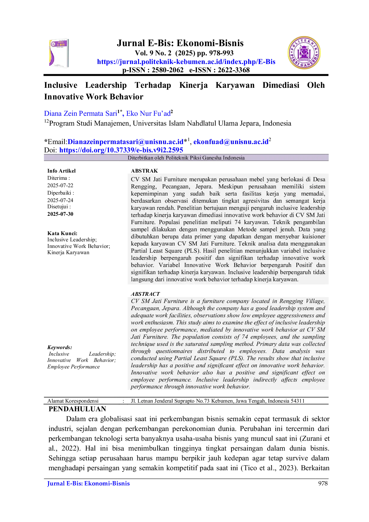 JURIS Inclusive Leadership Terhadap Kinerja Karyawan Dimediasi Oleh Innovative Work Behavior