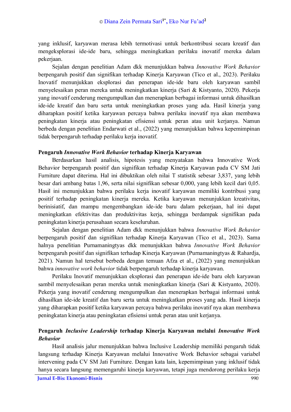 JURIS Inclusive Leadership Terhadap Kinerja Karyawan Dimediasi Oleh Innovative Work Behavior