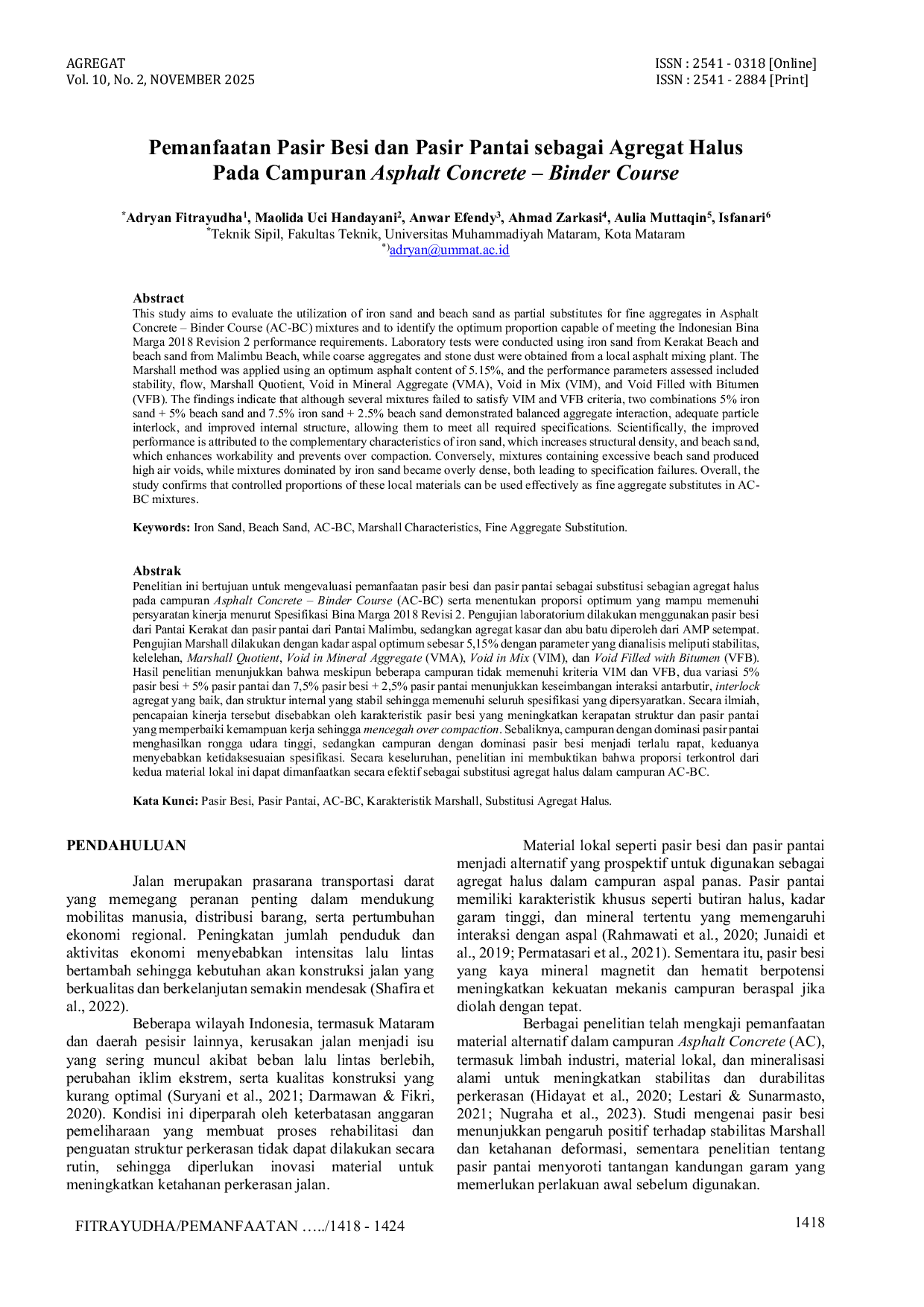 JURIS Pemanfaatan Pasir Besi dan Pasir Pantai sebagai Agregat Halus pada Campuran Asphalt Concrete Binder Course