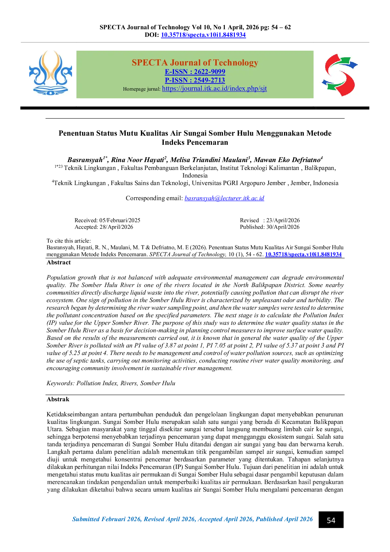 JURIS Determination of the Water Quality Status of the Upper Somber River Using the Pollution Index Method