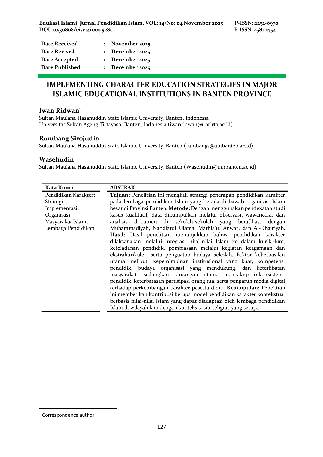 JURIS Implementing Character Education Strategies in Major Islamic Educational Institutions in Banten Province