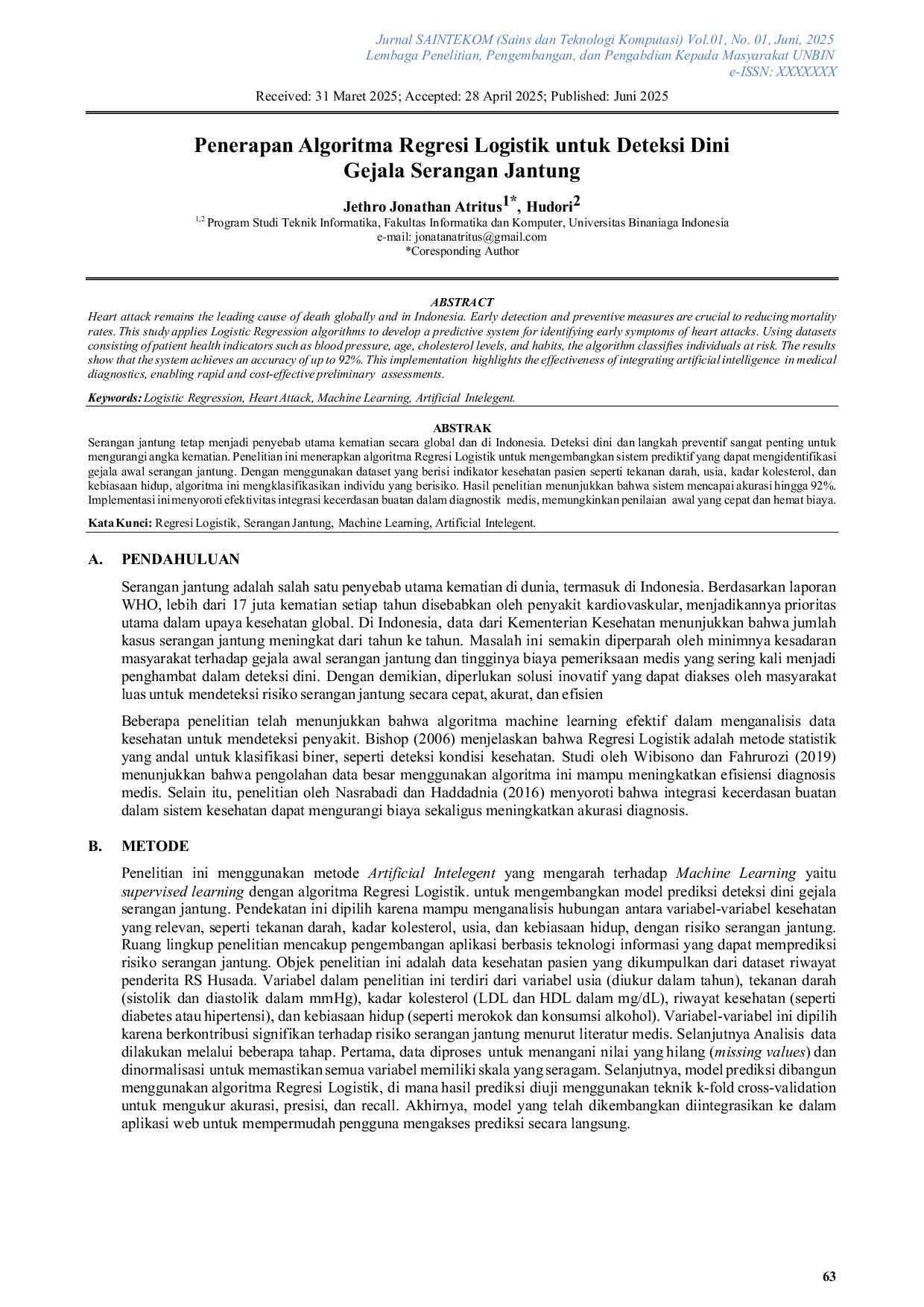 JURIS Penerapan Algoritma Regresi Logistik untuk Deteksi DiniGejala Serangan Jantung