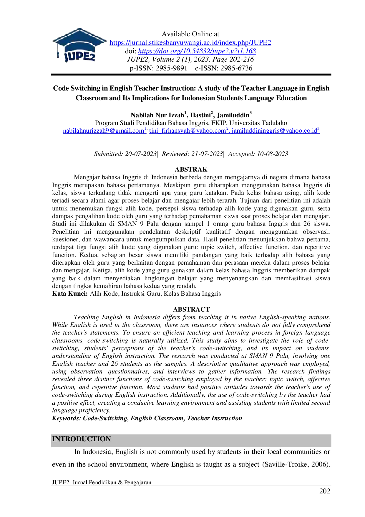 JURIS Code Switching in English Teacher Instruction A study of the Teacher Language in English Classroom and Its Implications for Indonesian Students Language Education