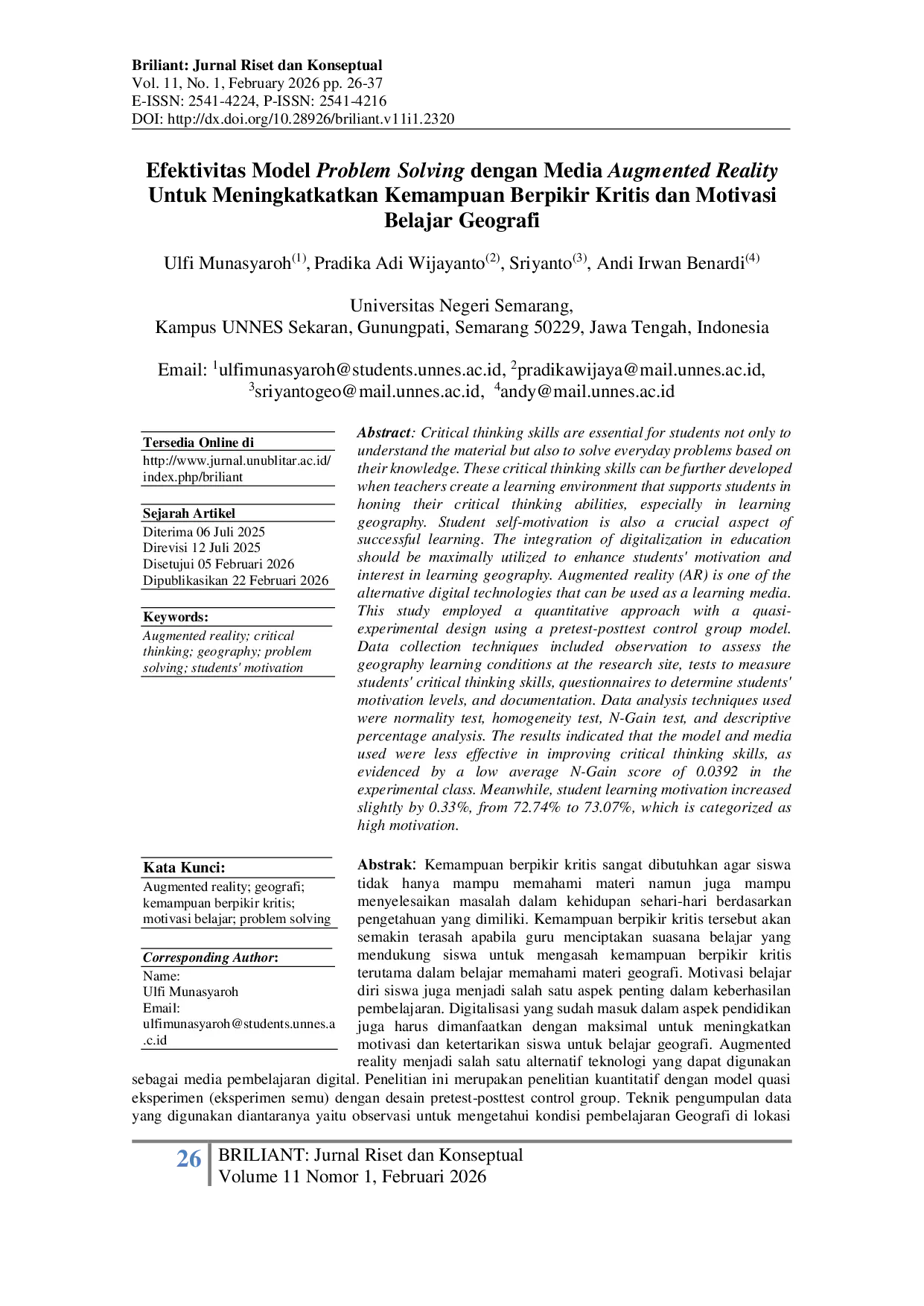 JURIS Efektivitas Model Problem Solving Dengan Media Augmented Reality Untuk Meningkatkan Kemampuan Berpikir Kritis Dan Motivasi Belajar Geografi
