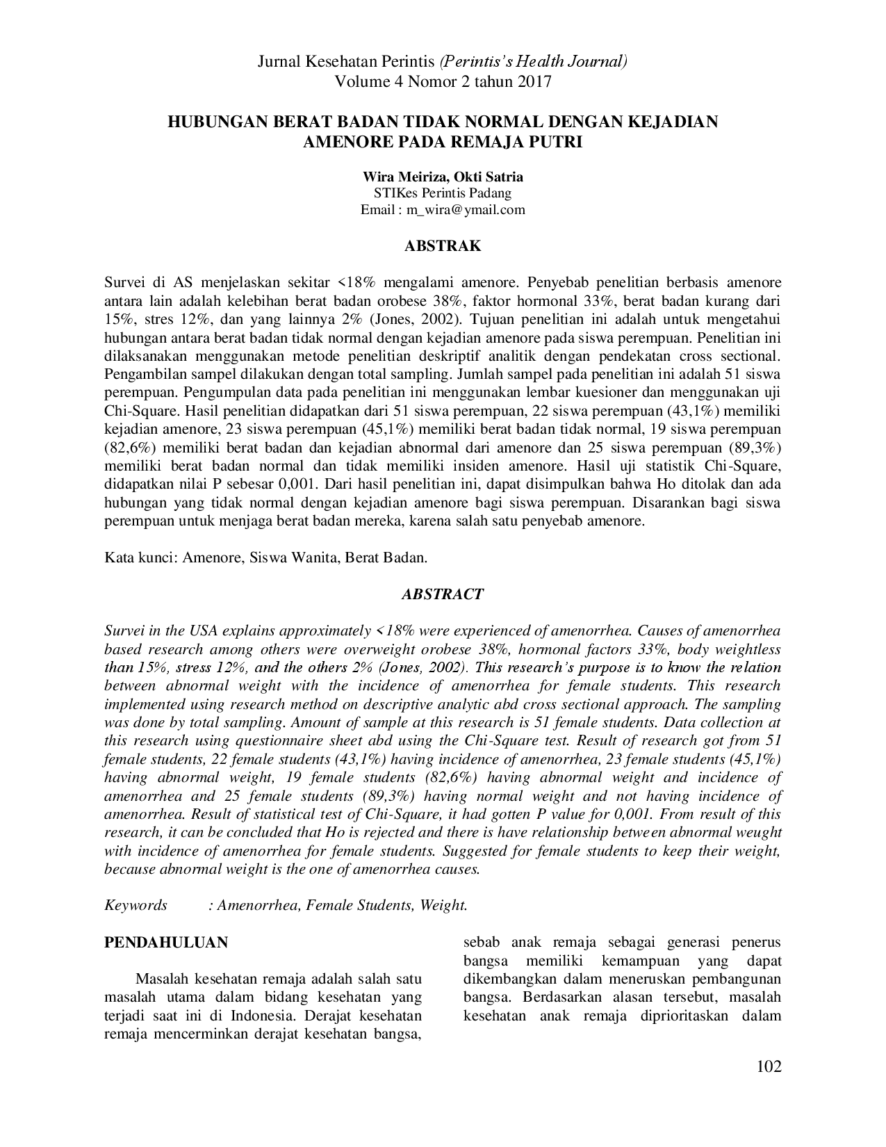 juris Hubungan Berat Badan Tidak Normal Dengan Kejadian Amenore Pada Remaja Putri