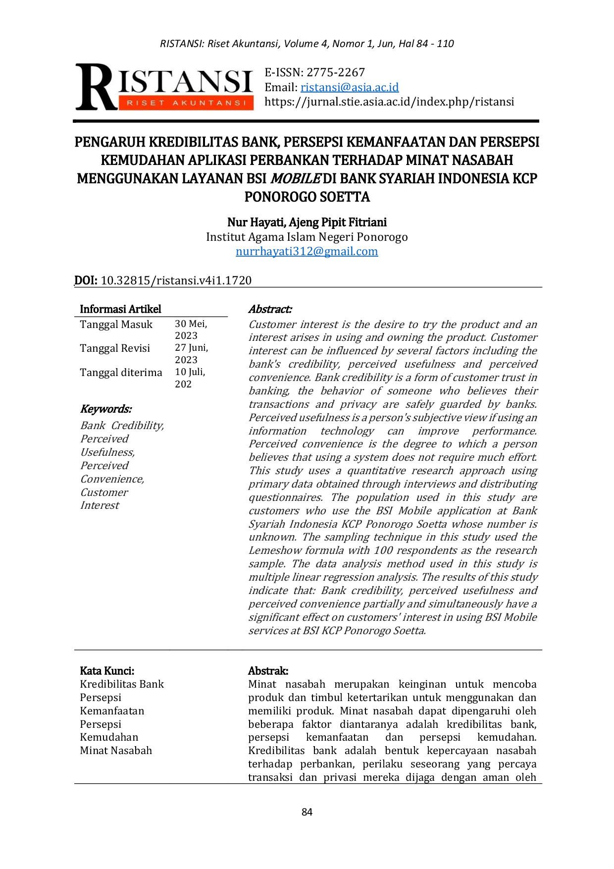JURIS Pengaruh Kredibilitas Bank Persepsi Kemanfaatan dan Persepsi Kemudahan Aplikasi Perbankan Terhadap Minat Nasabah Menggunakan Layanan BSI Mobile Di Bank Syariah Indonesia KCP Ponorogo Soetta