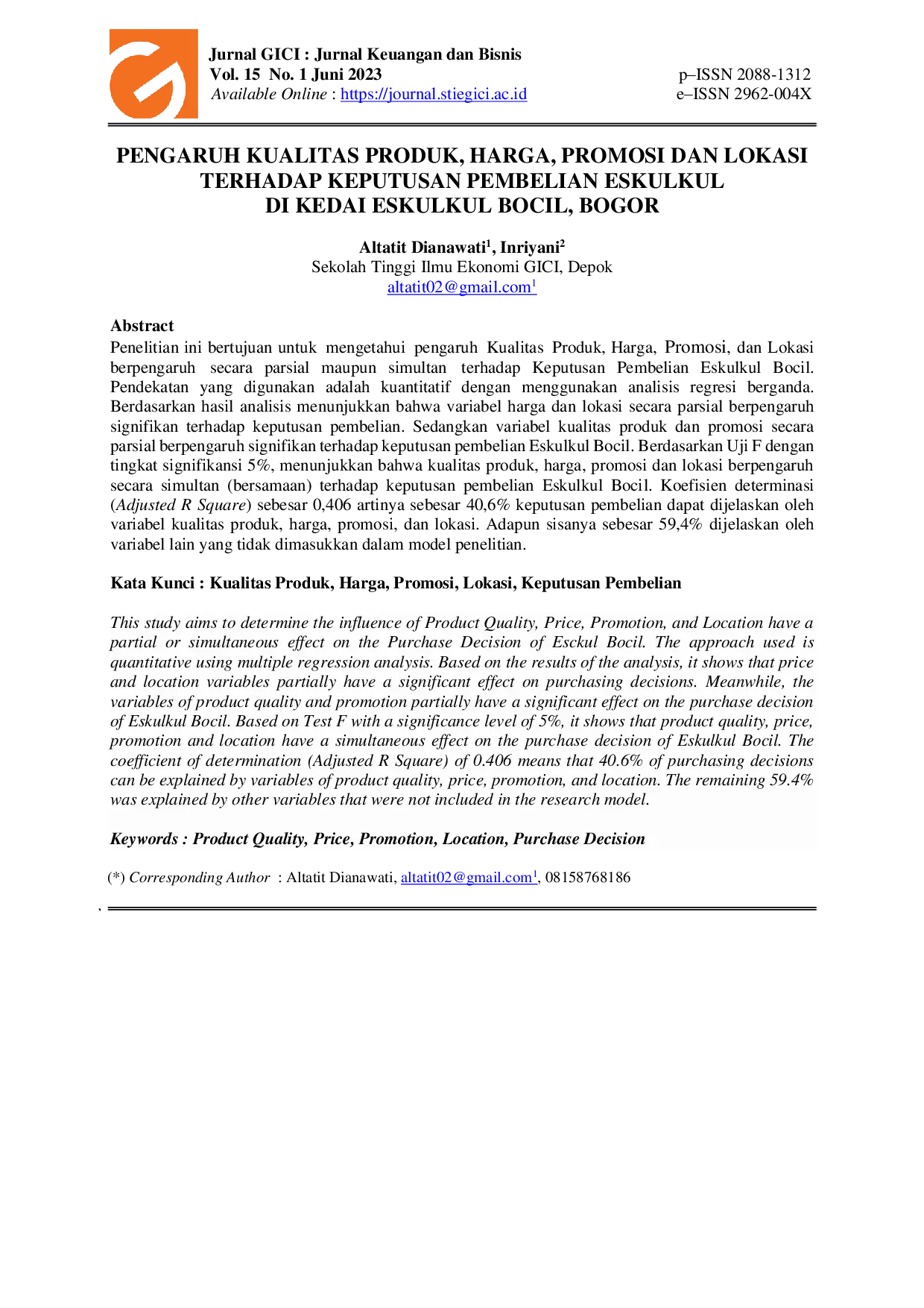 JURIS Pengaruh Kualitas Produk Harga Promosi Dan Lokasi Terhadap Keputusan Pembelian Eskulkul Di Kedai Eskulkul Bocil Bogor