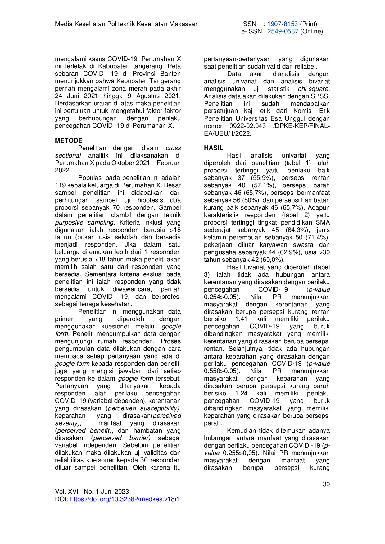 JURIS Perilaku Pencegahan Covid 19 Pada Masyarakat Di Perumahan X Kabupaten Tangerang