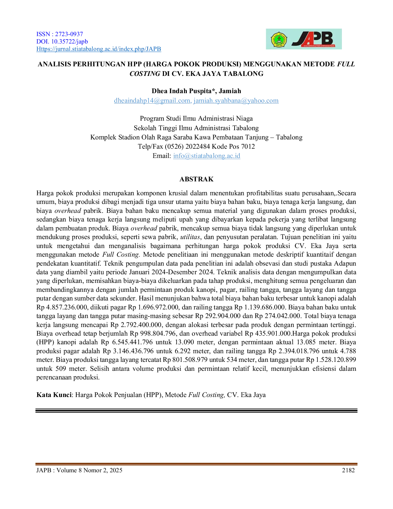 JURIS Analisis Perhitungan HPP Harga Pokok Produksi Menggunakan Metode Full Costing Di CV Eka Jaya Tabalong