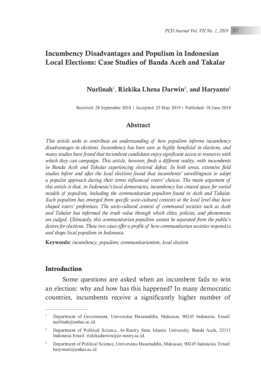 JURIS Incumbency Disadvantages and Populism in Indonesian Local Elections Case Studies of Banda Aceh and Takalar