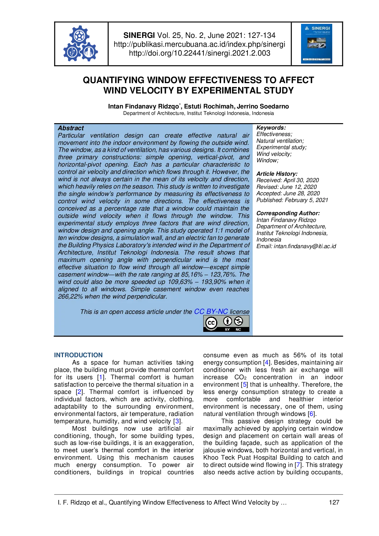 JURIS Quantifying Window Effectiveness to Affect Wind Velocity by Experimental Study