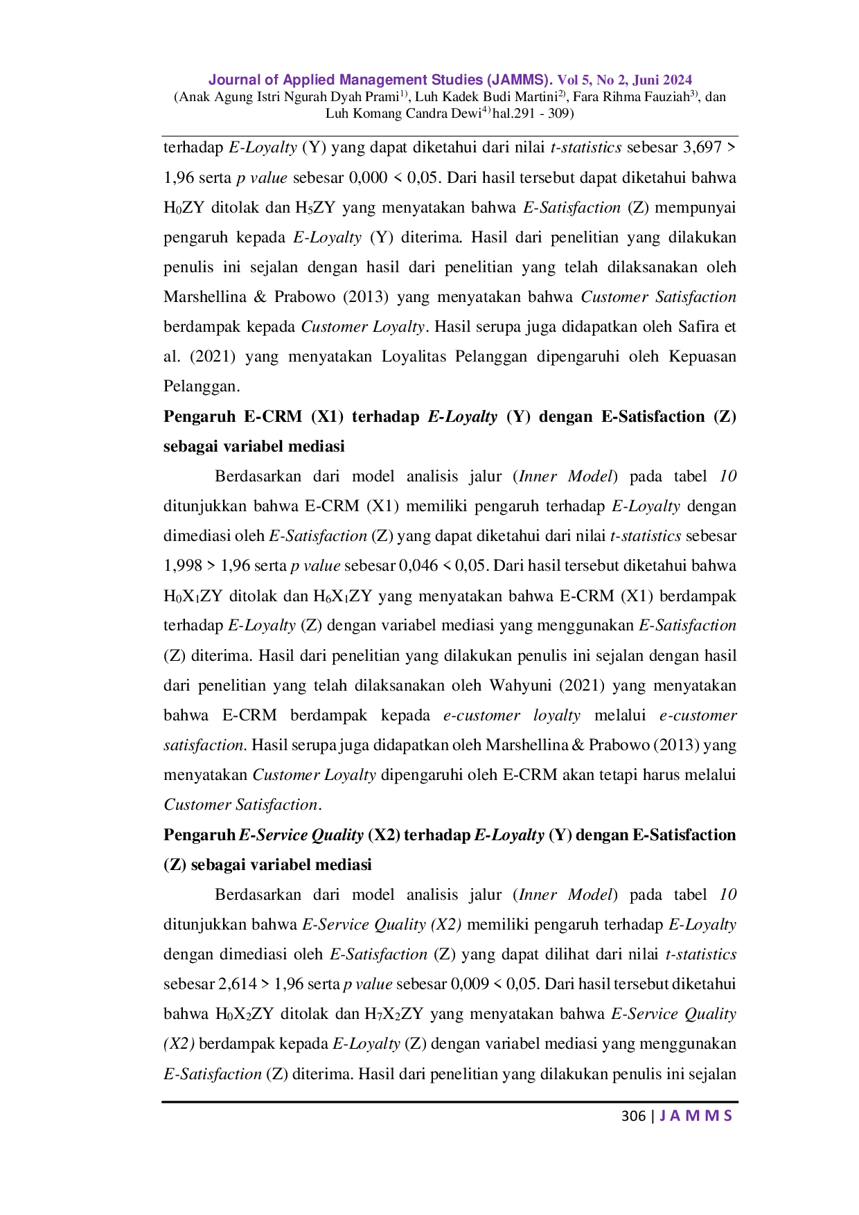 JURIS Analisis Pengaruh E Customer Relationship Management Dan E Service Quality Terhadap E Loyalty Dengan E Satisfaction Sebagai Variabel Mediasi