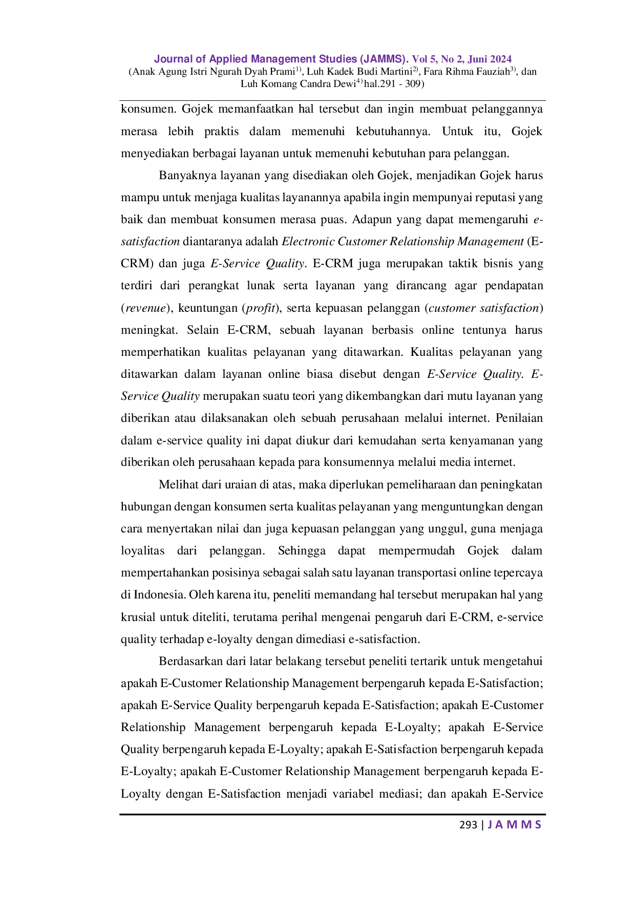 JURIS Analisis Pengaruh E Customer Relationship Management Dan E Service Quality Terhadap E Loyalty Dengan E Satisfaction Sebagai Variabel Mediasi