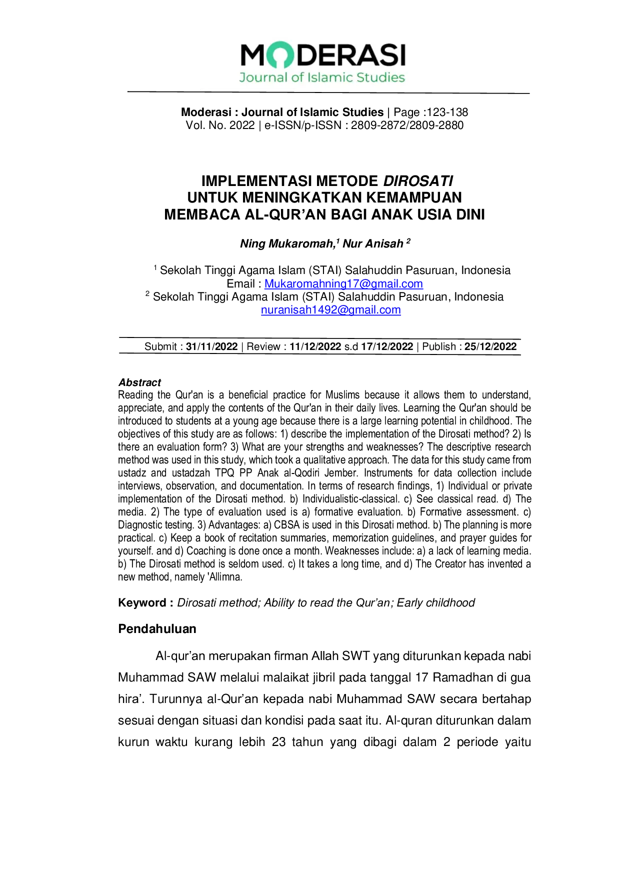 JURIS Implementasi Metode Dirosati untuk Meningkatkan Kemampuan Membaca al Qur an Bagi Anak Usia Dini