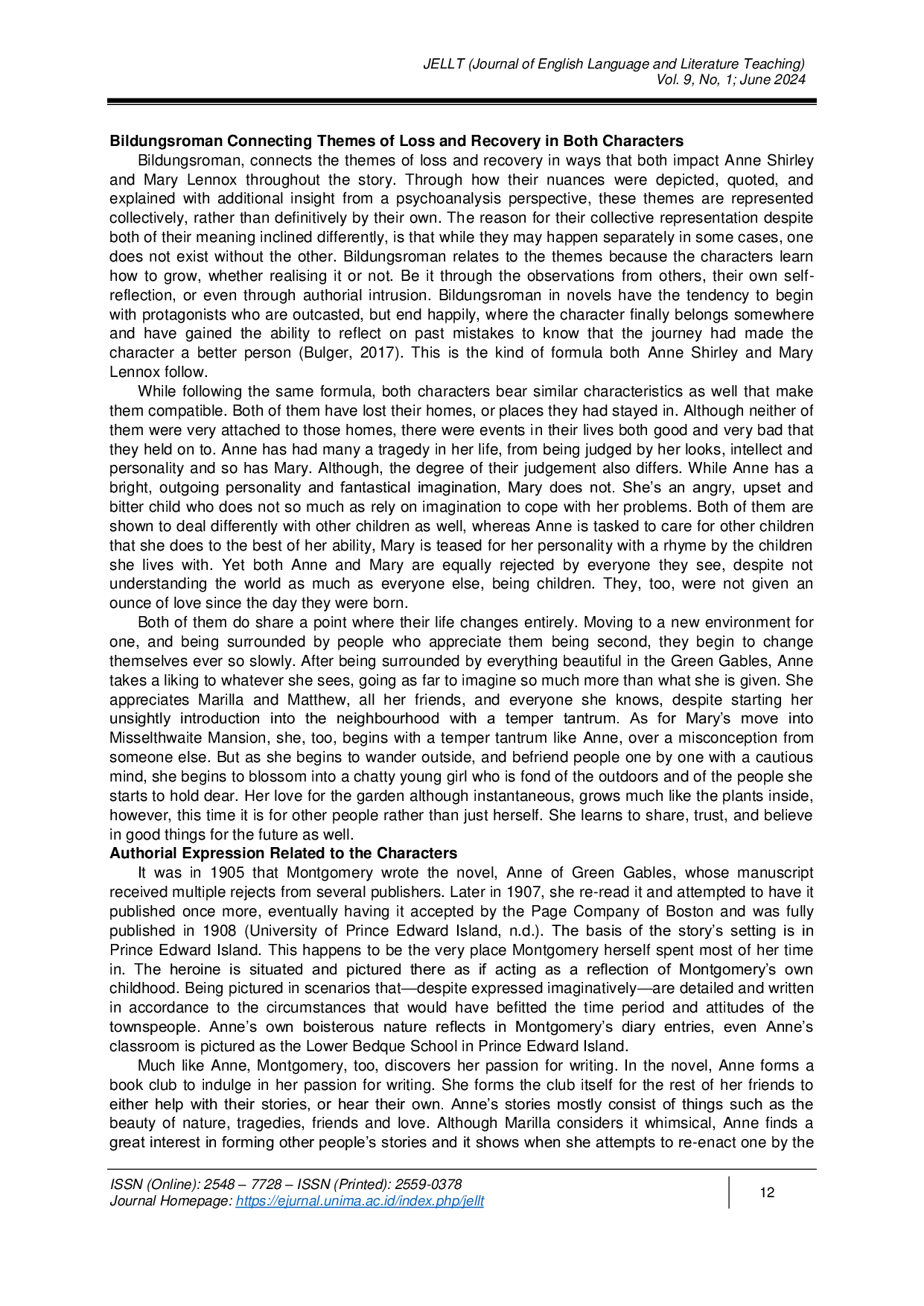 JURIS Nuances of Character Disposition Representing Themes of Loss and Recovery in Anne of Green Gables and the Secret Garden