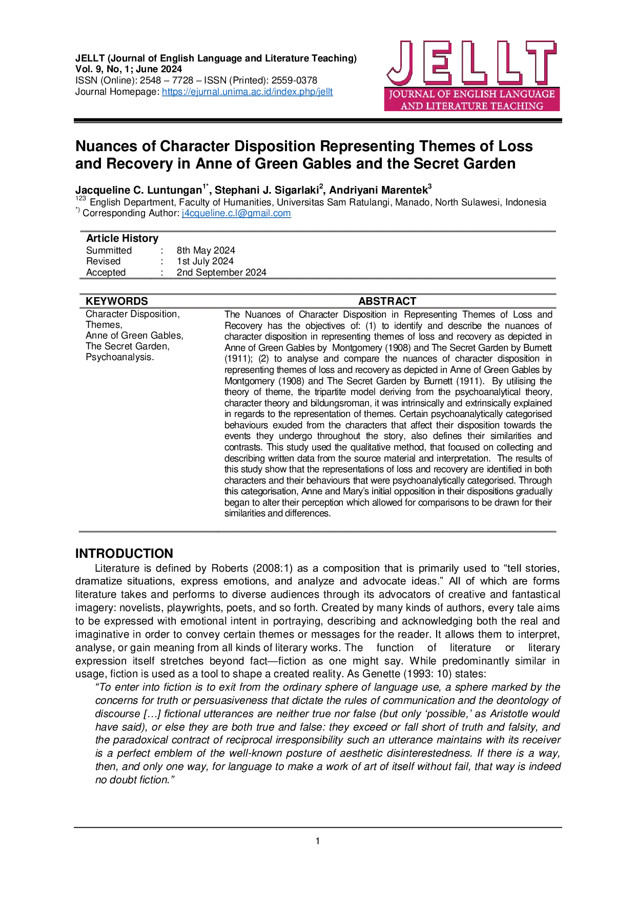 JURIS Nuances of Character Disposition Representing Themes of Loss and Recovery in Anne of Green Gables and the Secret Garden