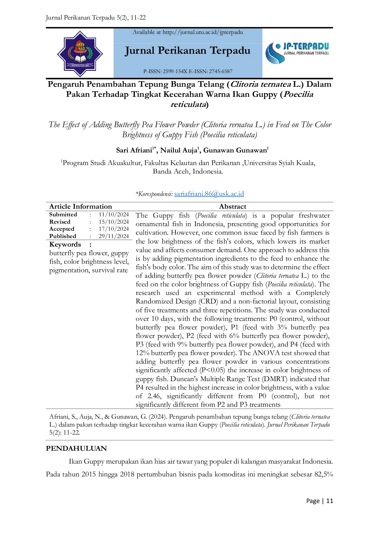 JURIS Pengaruh Penambahan Tepung Bunga Telang Clitoria ternatea L Dalam Pakan Terhadap Tingkat Kecerahan Warna Ikan Guppy Poecilia reticulata