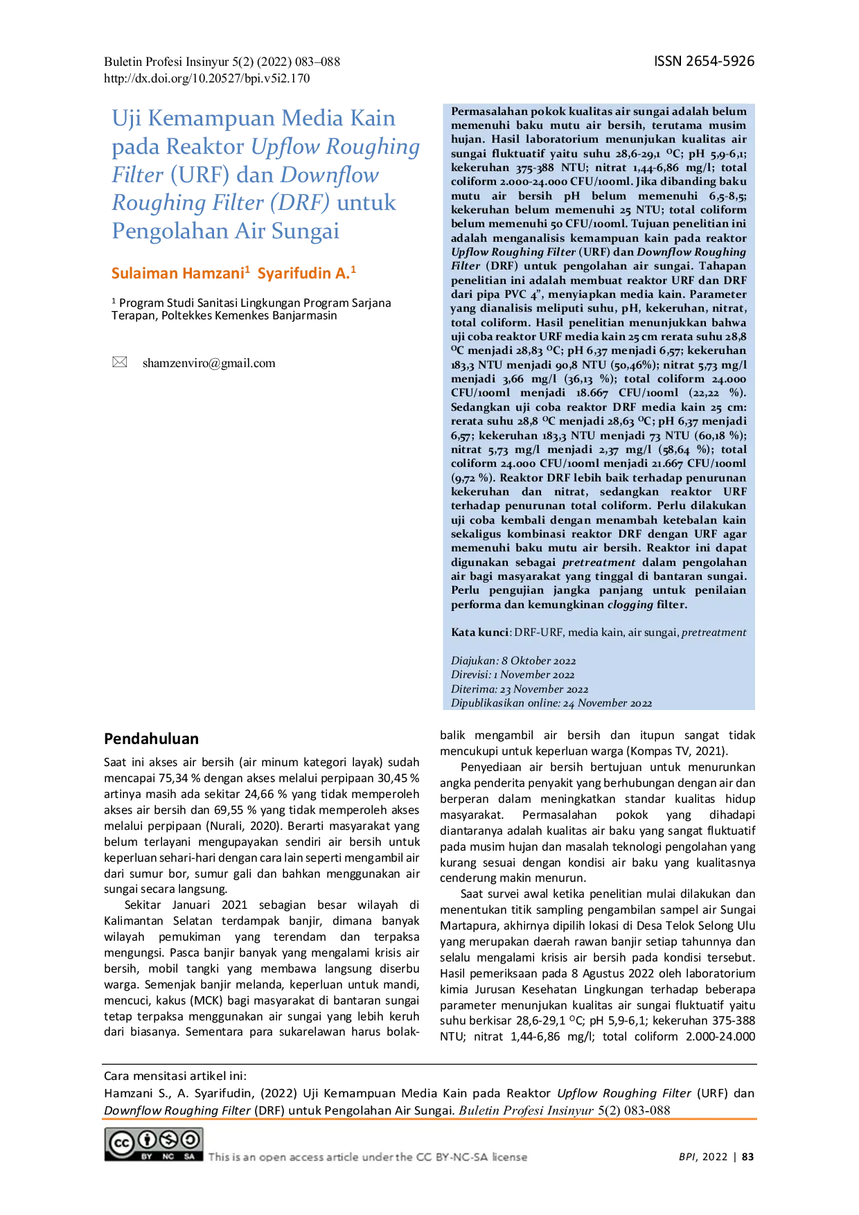 JURIS Uji Kemampuan Media Kain pada Reaktor Upflow Roughing Filter URF dan Downflow Roughing Filter DRF untuk Pengolahan Air Sungai