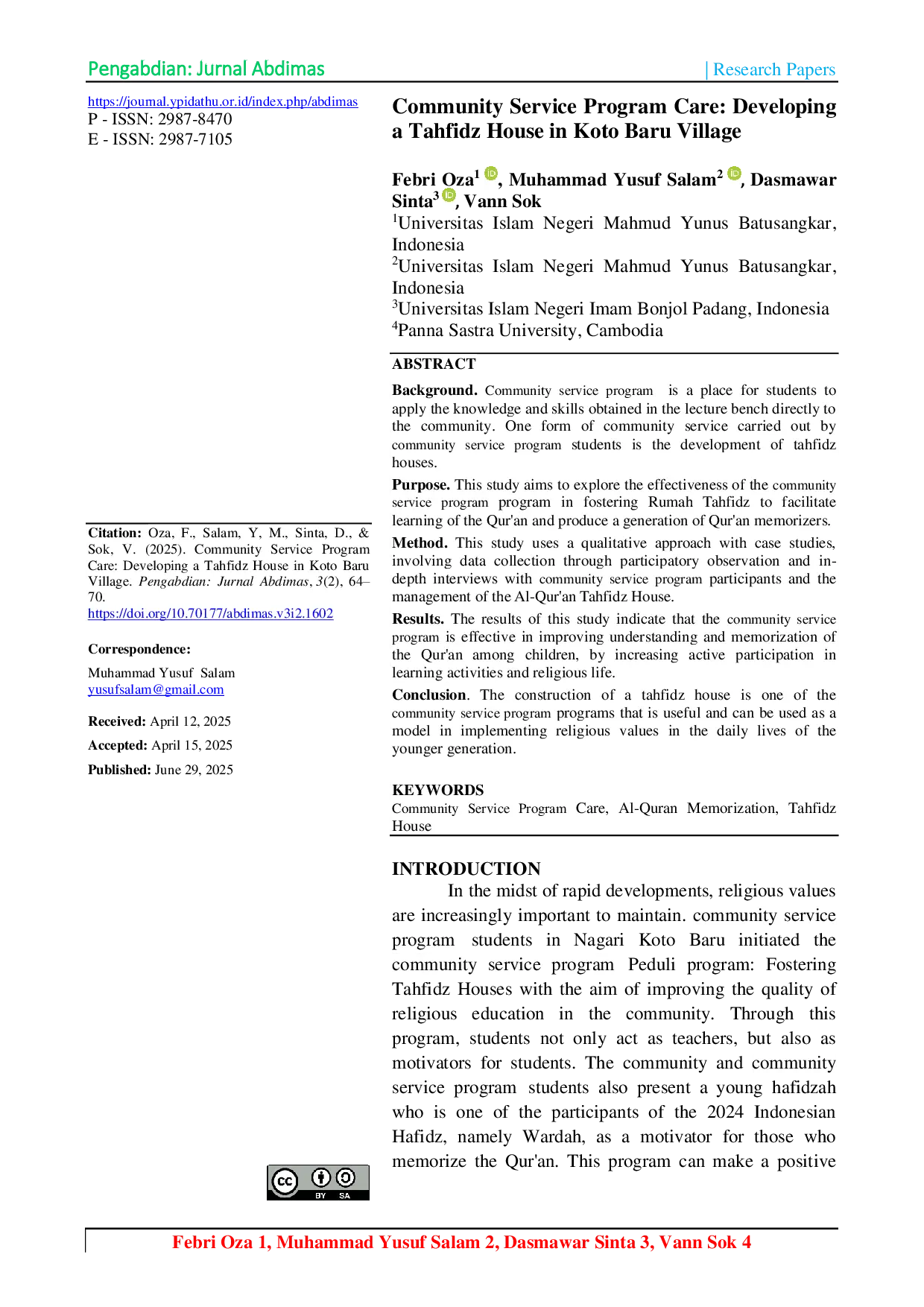 JURIS Community Service Program Care Developing a Tahfidz House in Koto Baru Village