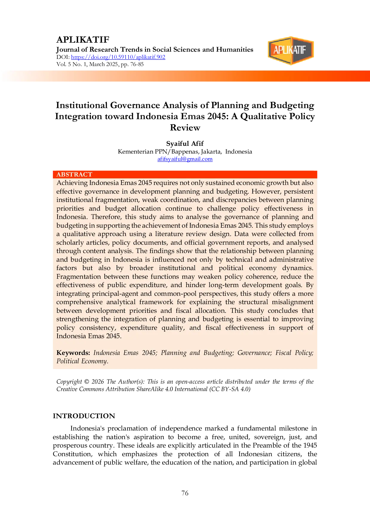 JURIS Institutional Governance Analysis of Planning and Budgeting Integration toward Indonesia Emas 2045 A Qualitative Policy Review