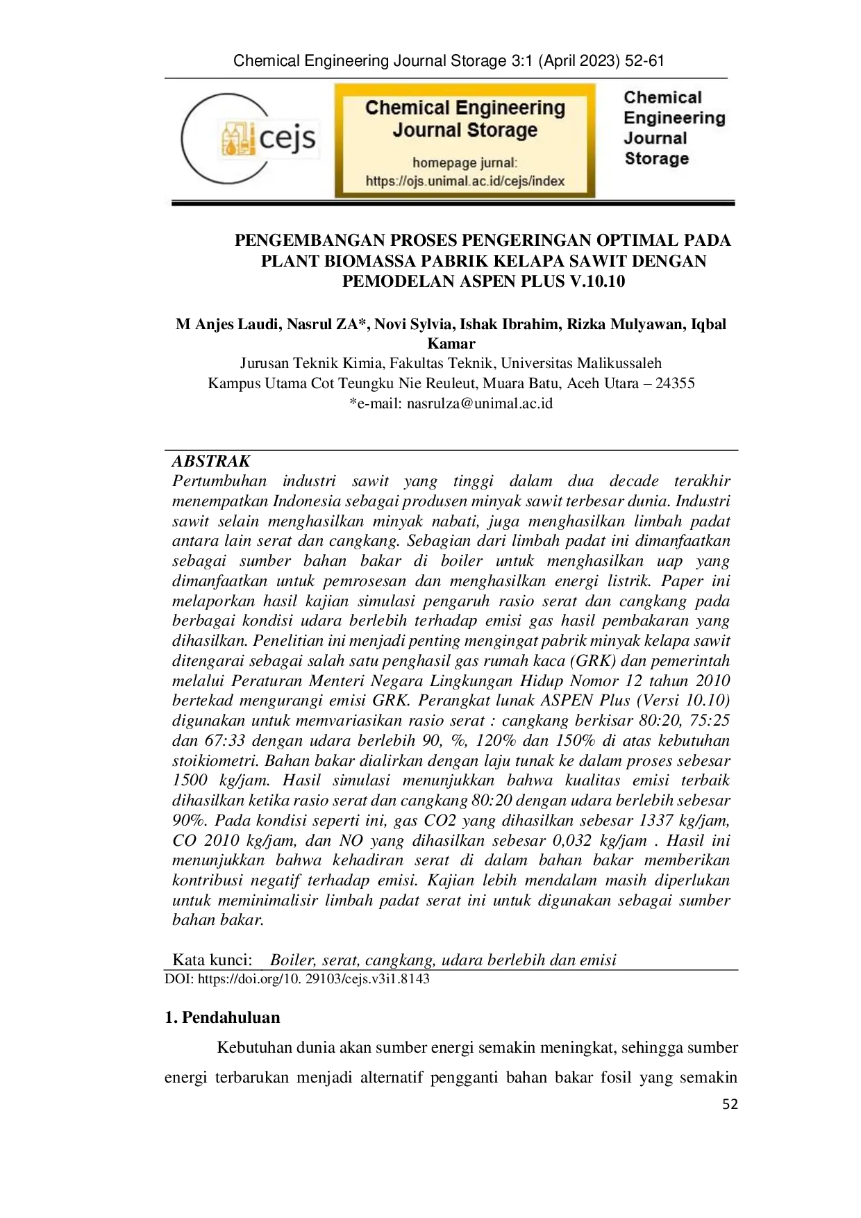 JURIS Pengembangan Proses Pengeringan Optimal Pada Plant Biomassa Pabrik Kelapa Sawit Dengan Pemodelan Aspen Plus V 10 10