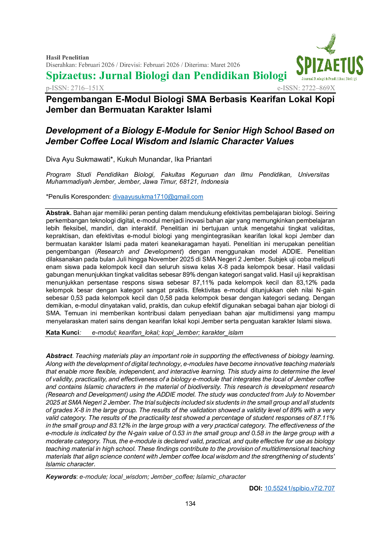 JURIS Development of a Biology E Module for Senior High School Based on Jember Coffee Local Wisdom and Islamic Character Values