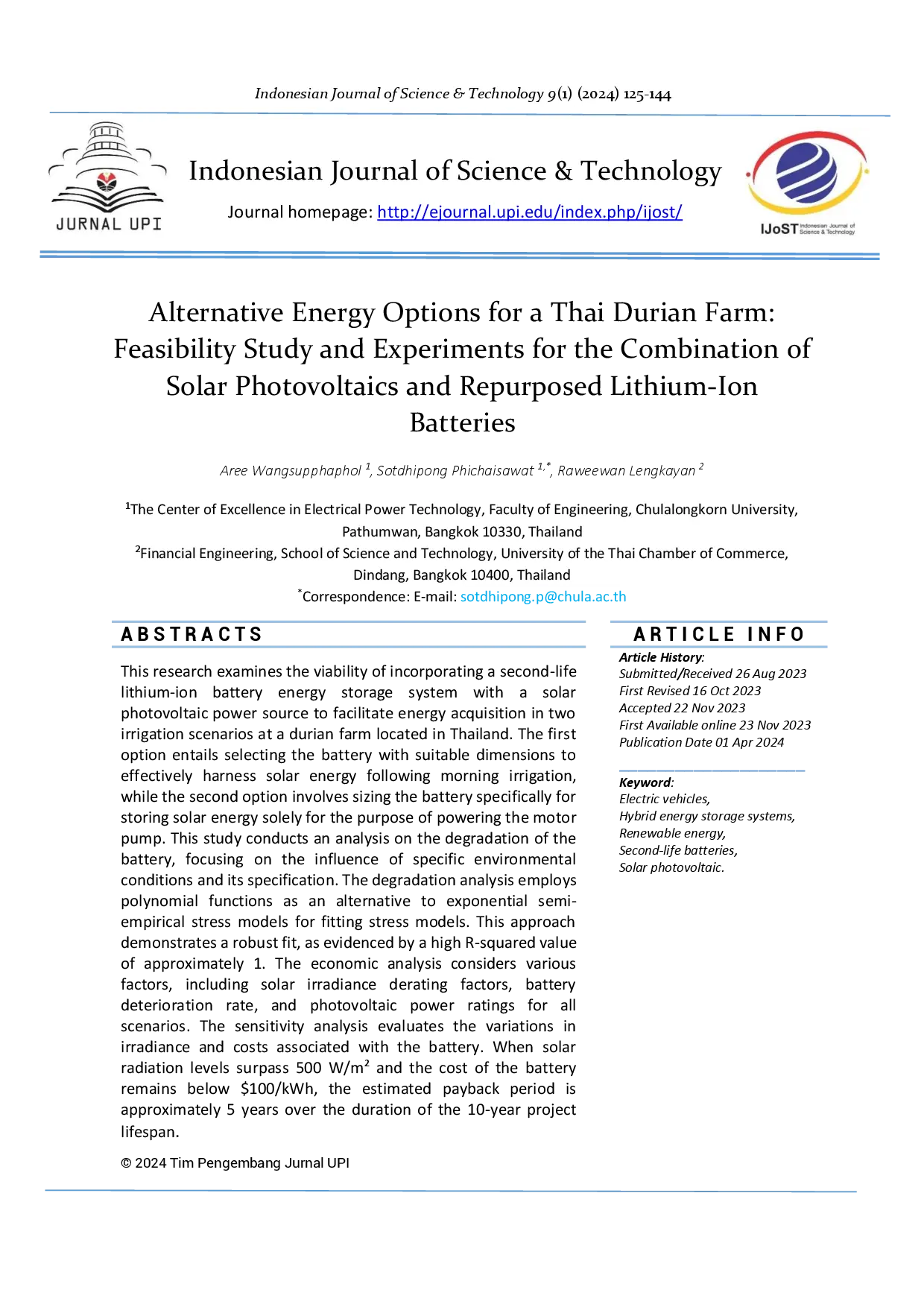 juris Alternative Energy Options for a Thai Durian Farm Feasibility Study and Experiments for the Combination of Solar Photovoltaics and Repurposed Lithium Ion Batteries