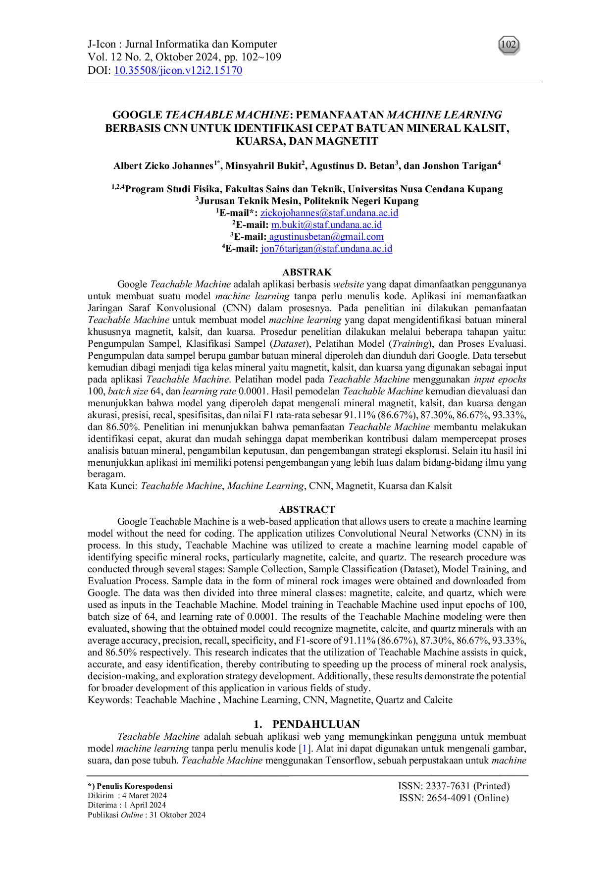 JURIS Google Teachable Machine Pemanfaatan Machine Learning Berbasis Cnn Untuk Identifikasi Cepat Batuan Mineral Kalsit Kuarsa Dan Magnetit