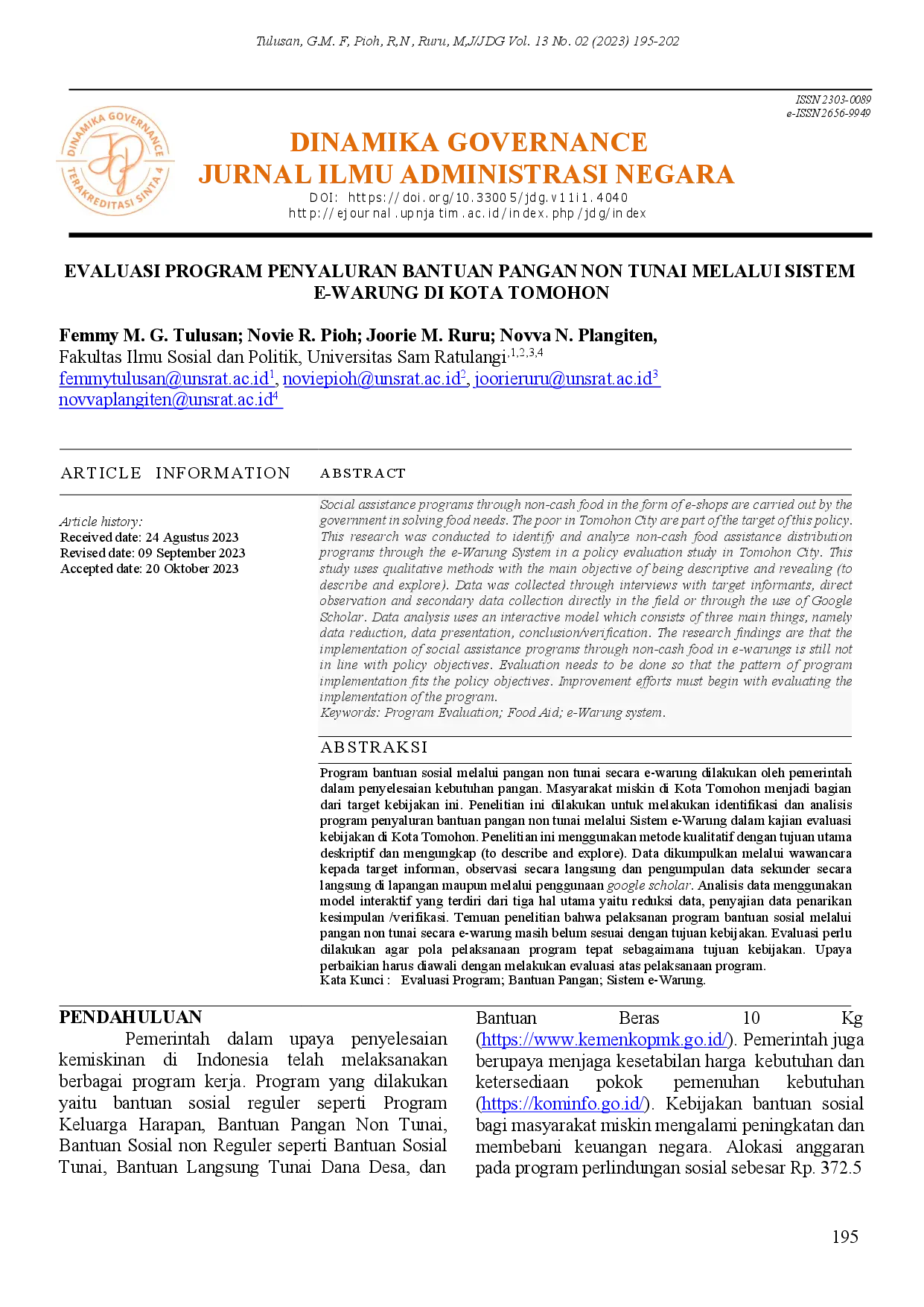 juris Evaluasi Program Penyaluran Bantuan Pangan Non Tunai Melalui Sistem E Warung di Kota Tomohon